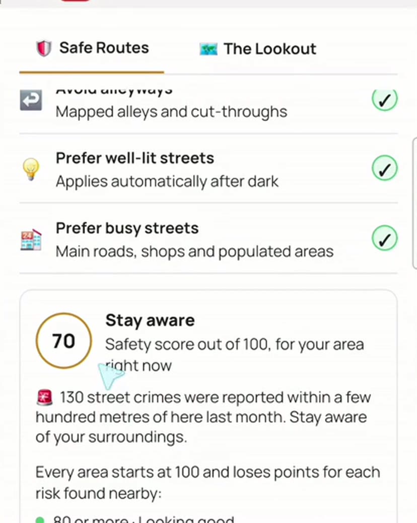 Safe Routes settings and a safety score of 70 out of 100 for the current area