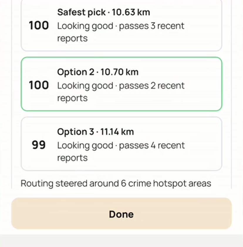 Three safer route options, each scored and showing how many recent crime reports it passes